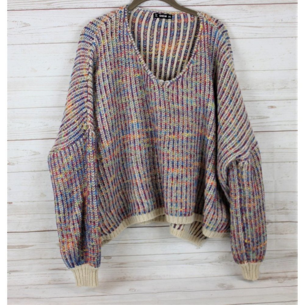 Shein Sweater Multicolor Rainbow V Neck Chunky Knit Size 2XL
